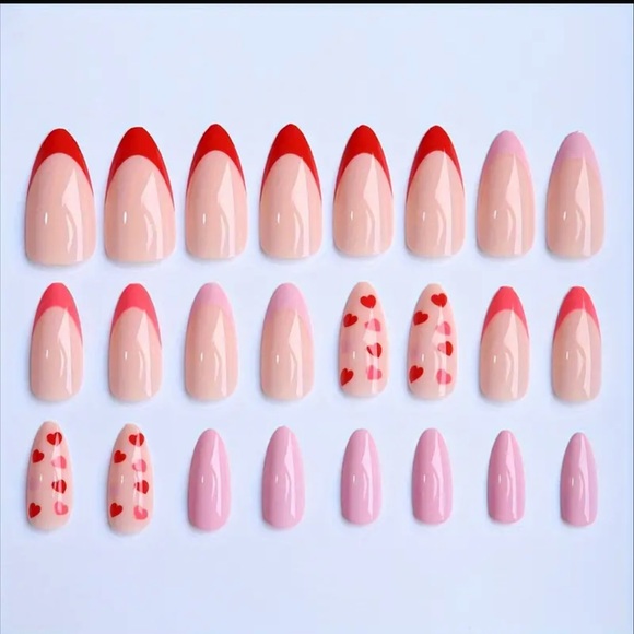 ($5) 24pc Pink & Red Heart French Tip Press On Nail Set - Picture 2 of 3